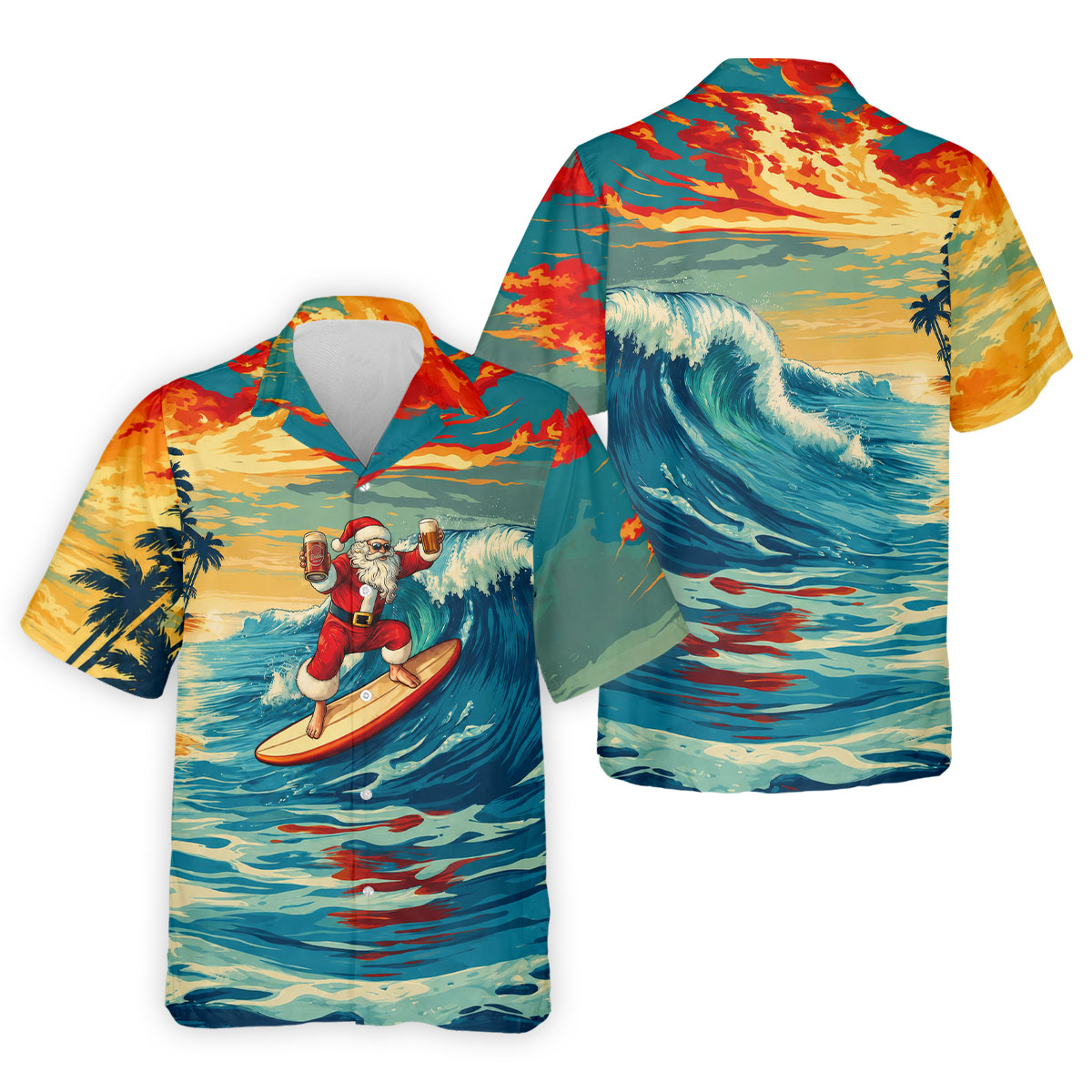 Tropical Surfing Santa Sunset Christmas Golf Shirt, Men's Golf Shirt, Hawaiian Golf Shirt