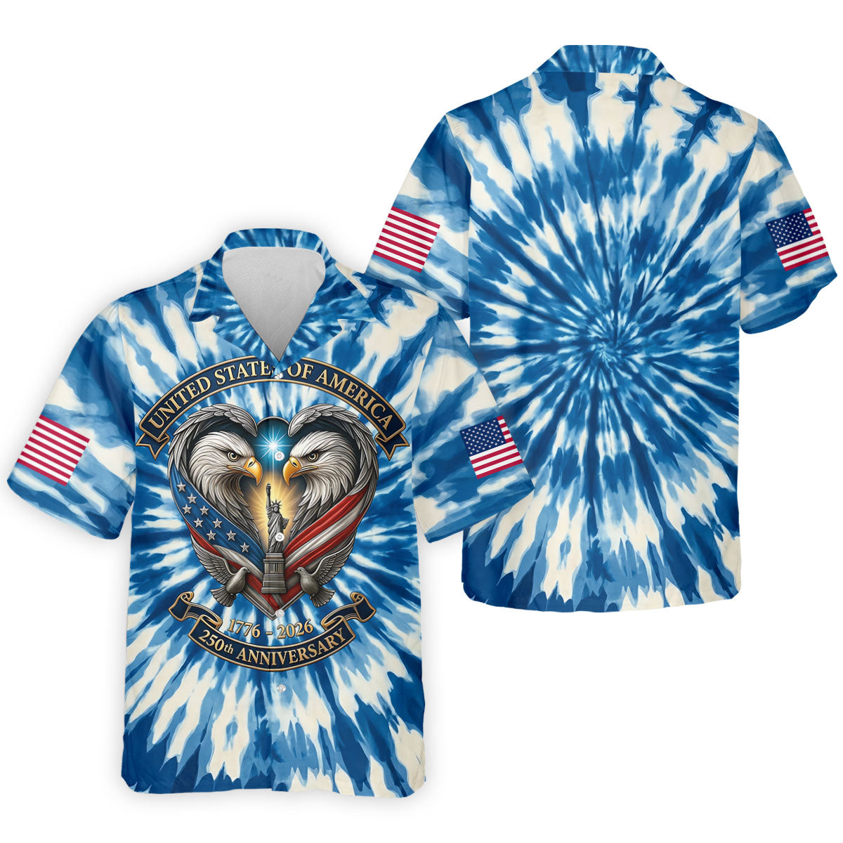 USA 250th Anniversary Tie Dye Print Bald Eagle Golf Shirt, Patriotic 4th Of July Golf Shirts For Men