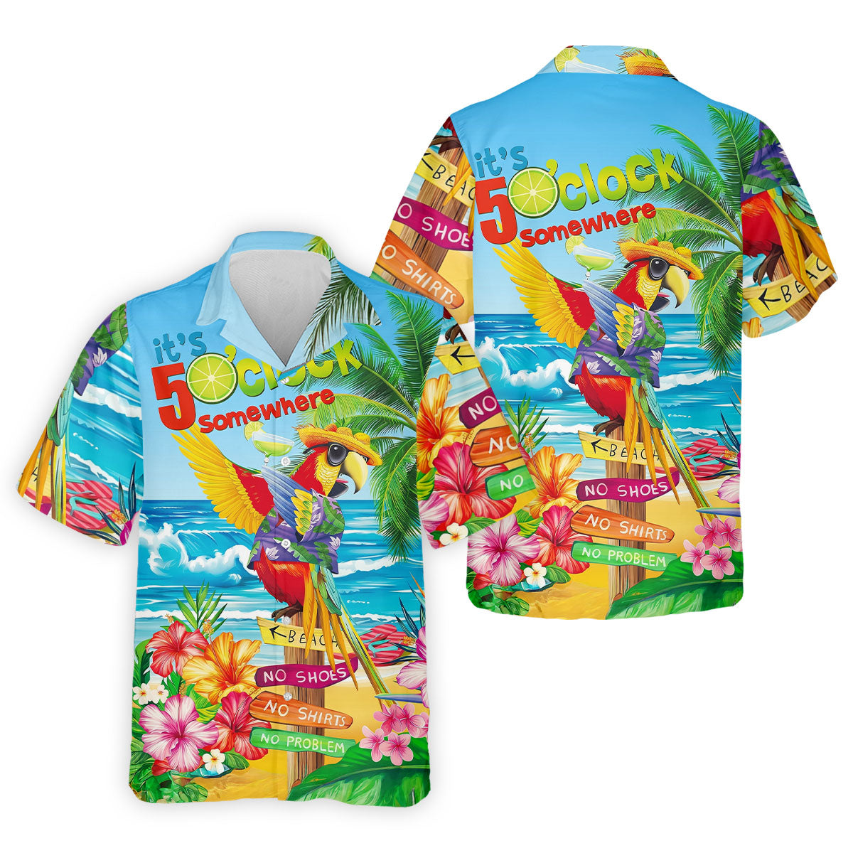 It's 5 O'Clock Somewhere Tropical Parrot Hawaiian Golf Shirt, Men's Funny Golf Shirts