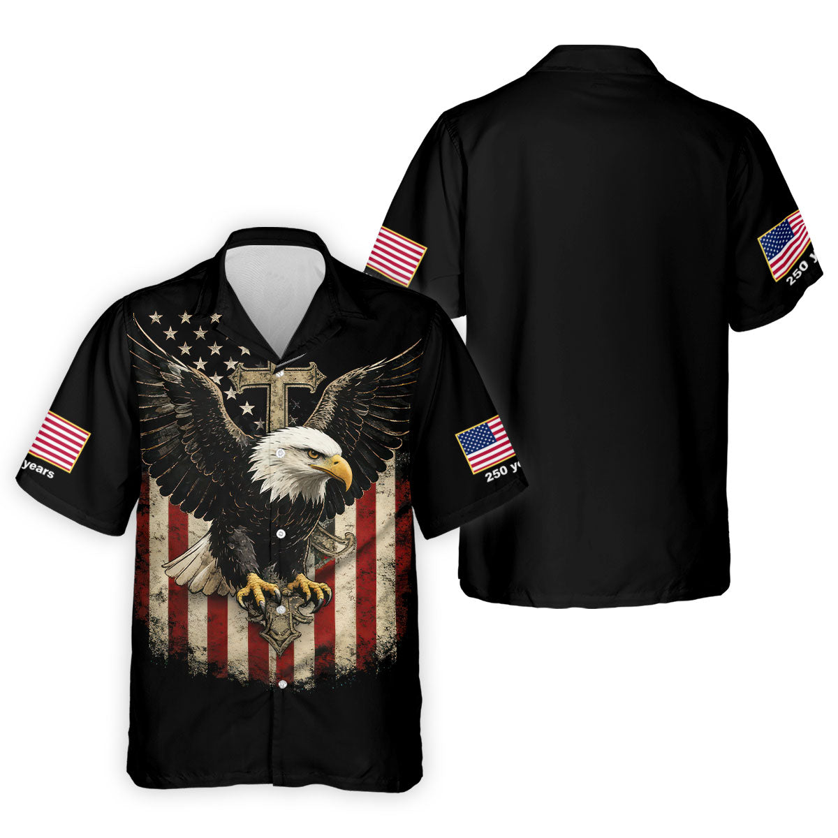 Faith Cross Bald Eagle And US Flag Black Golf Shirt, Patriotic 4th Of July Golf Shirts For Men