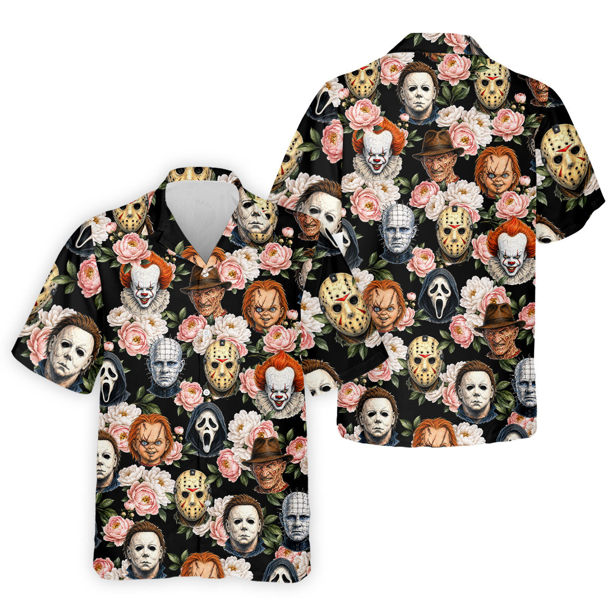 Horror Icons Floral Hawaiian Golf Shirt, Men's Golf Shirt, Printed Golf Shirts