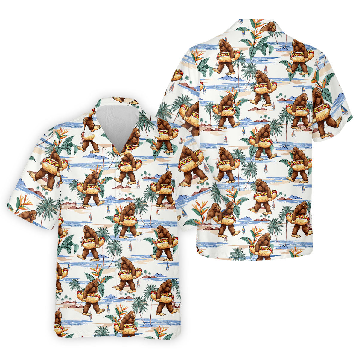 Funny Bigfoot Carrying Hot Dog Float Beach Golf Polo Shirt, Hawaiian Golf Shirt, Golf Apparel For Men