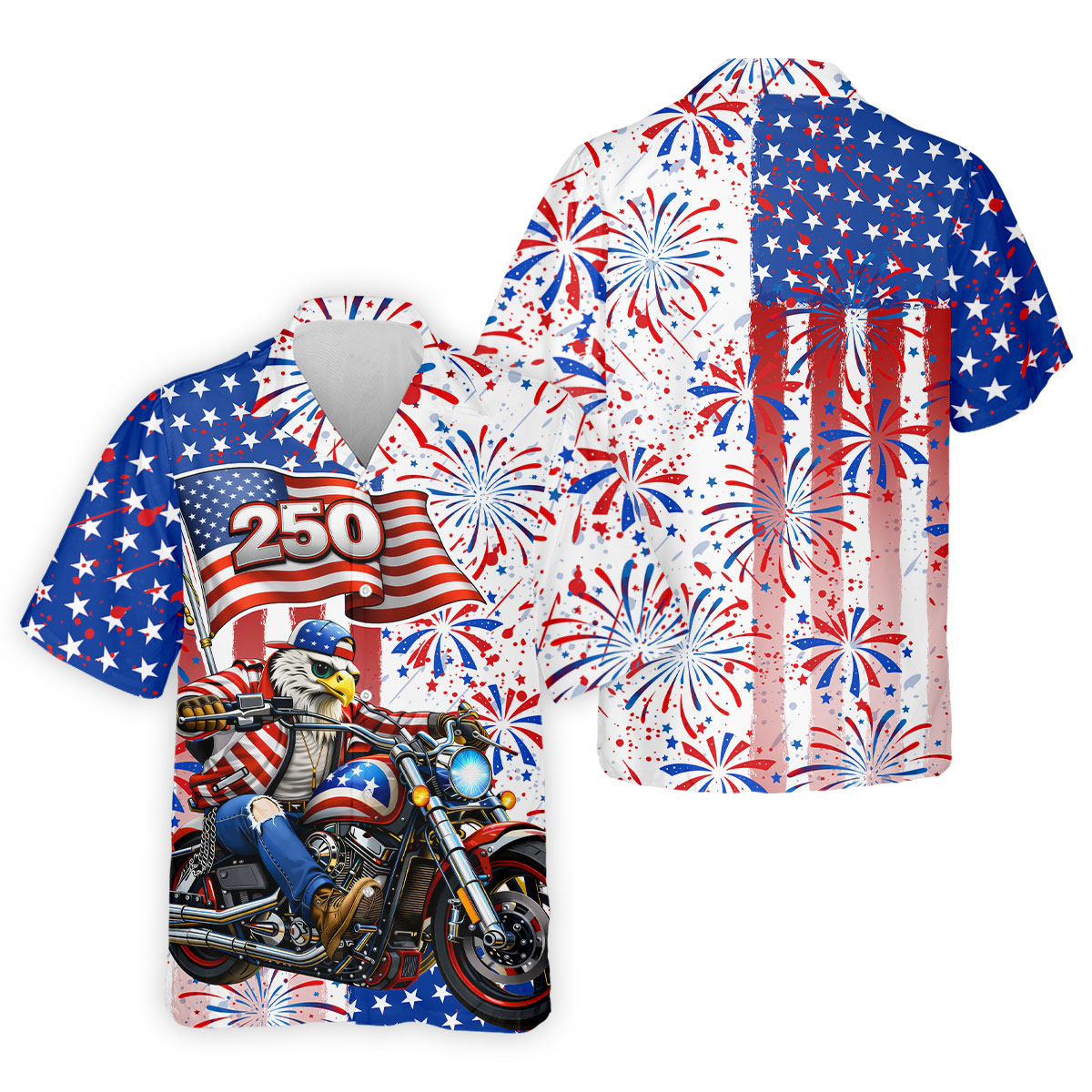 250 Years Eagle Motorcycle American Flag Golf Shirt, Patriotic 4th Of July Golf Shirts For Men
