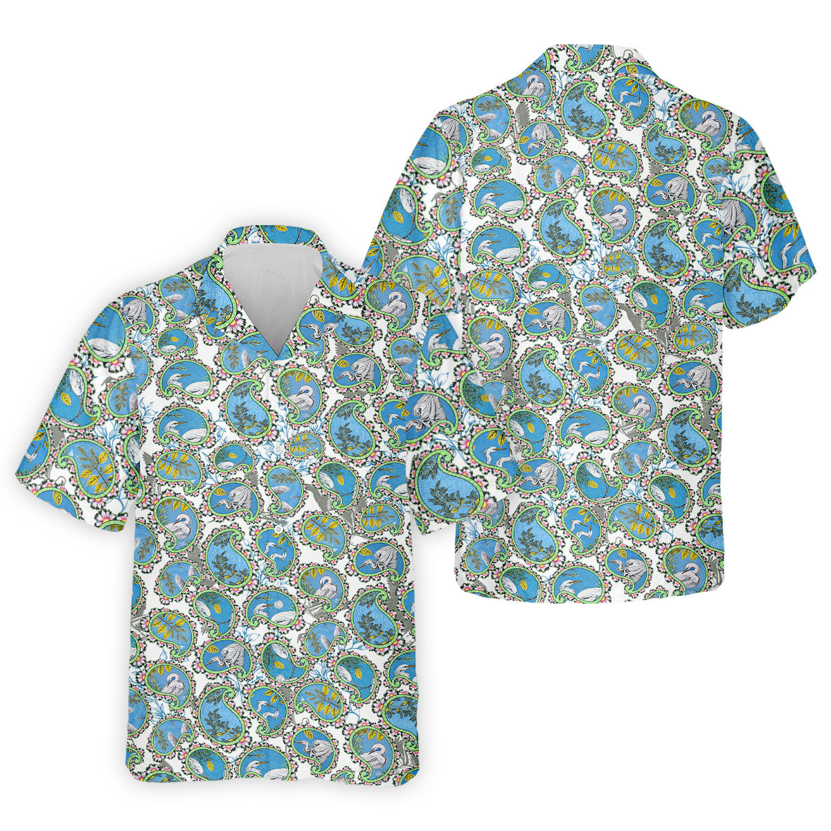 Paisley Flowers Heron Painting Print Golf Shirt, Polo Shirts For Men, Golf Shirts For Men