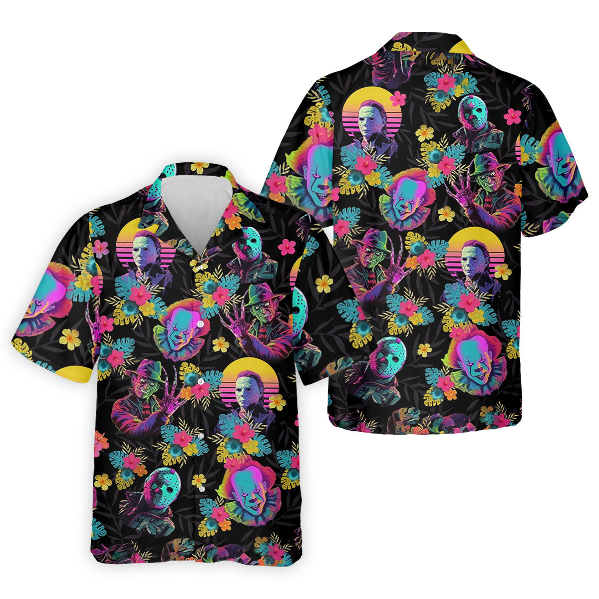Neon Floral Halloween Horror Character Hawaiian Golf Shirt, Men's Golf Shirt, Mens Golf Polo