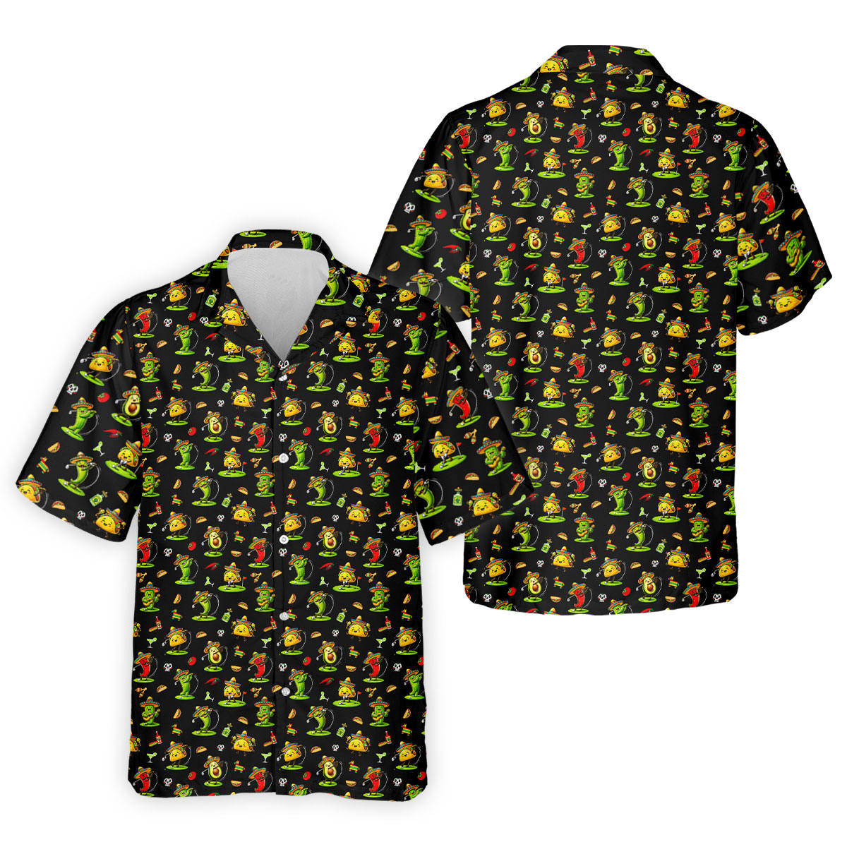 Mexican Cartoon Food Characters Cinco De Mayo Celebration Fiesta Themed Black Golf Shirts For Men
