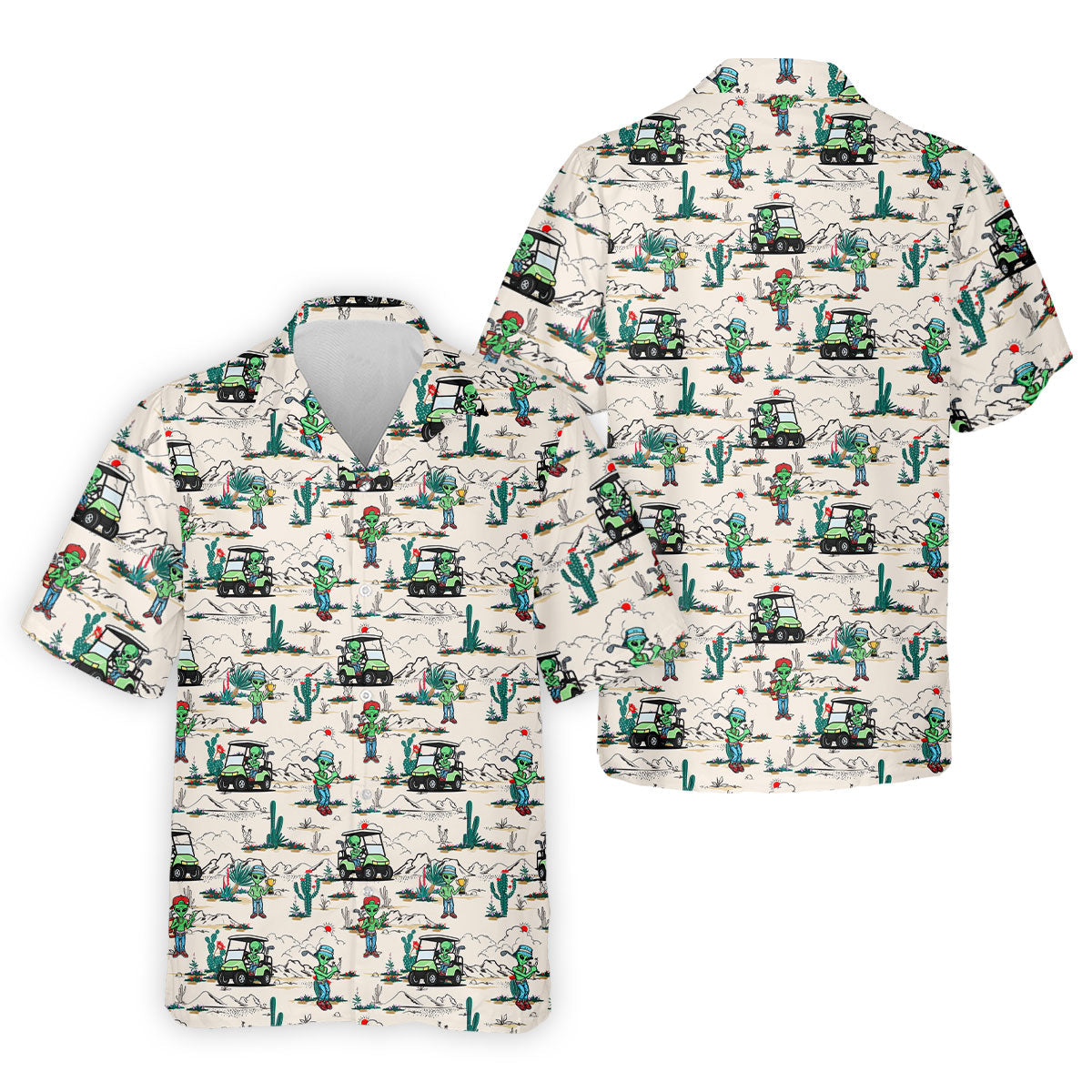 Beige Alien Desert Golf Pattern Golf Polo Shirt, Golf Polo Shirts For Men, Hawaiian Golf Shirt