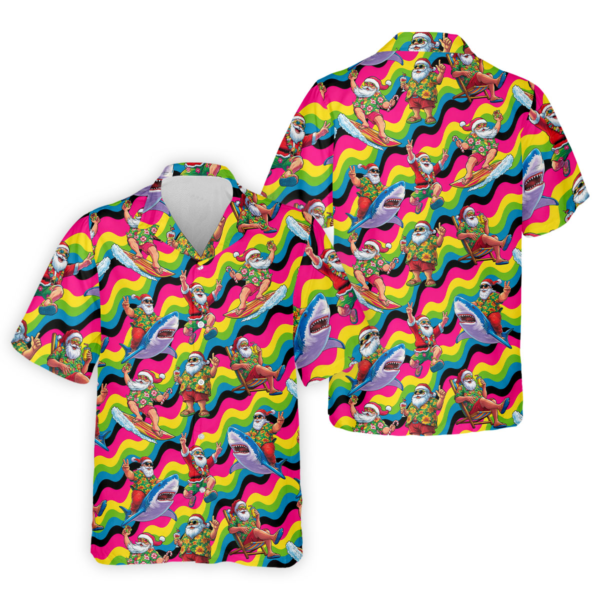 Funny Surfing Santa Riding Shark Hawaiian Golf Shirt, Christmas Golf Shirt, Golf Polo Shirts For Men