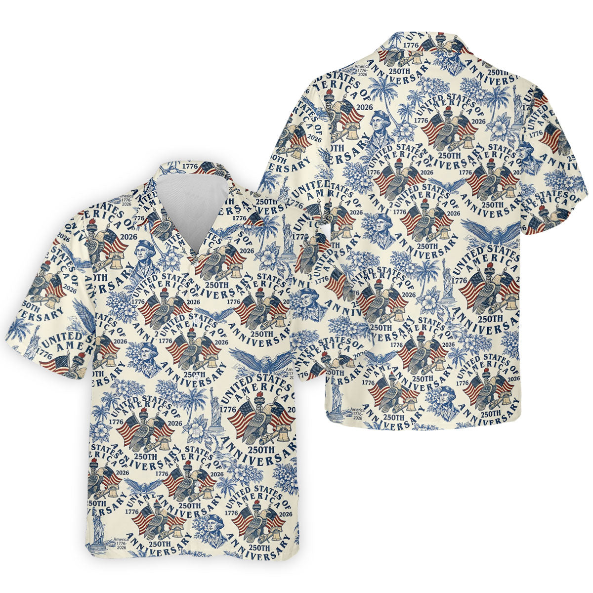 USA 250th Anniversary Toile De Jouy Hawaiian Golf Shirt, Patriotic 4th Of July Golf Shirts For Men