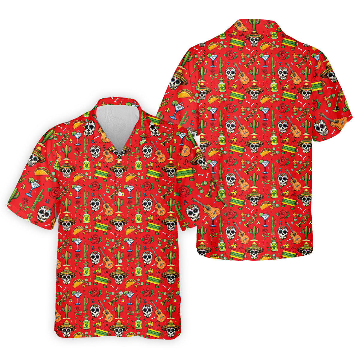 Decorated Skulls Party Items Cinco De Mayo Celebration Fiesta Themed Red Golf Shirts For Men