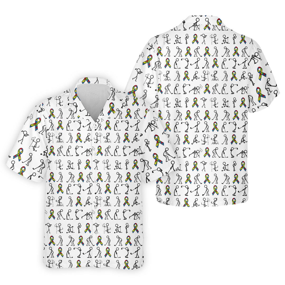 Stick Figure Golf Pose Autism Ribbon White Golf Shirt, Autism Awareness Colors Golf Shirts For Men