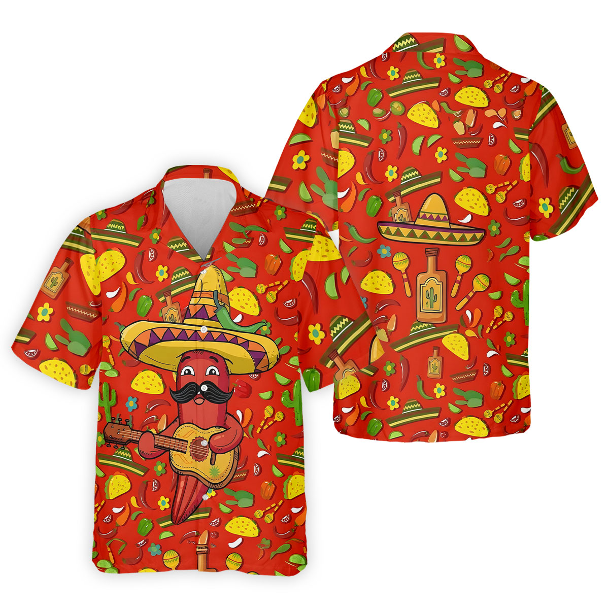 Cartoon Chili Pepper Mexican Guitar Cinco De Mayo Celebration Fiesta Themed Golf Shirts For Men