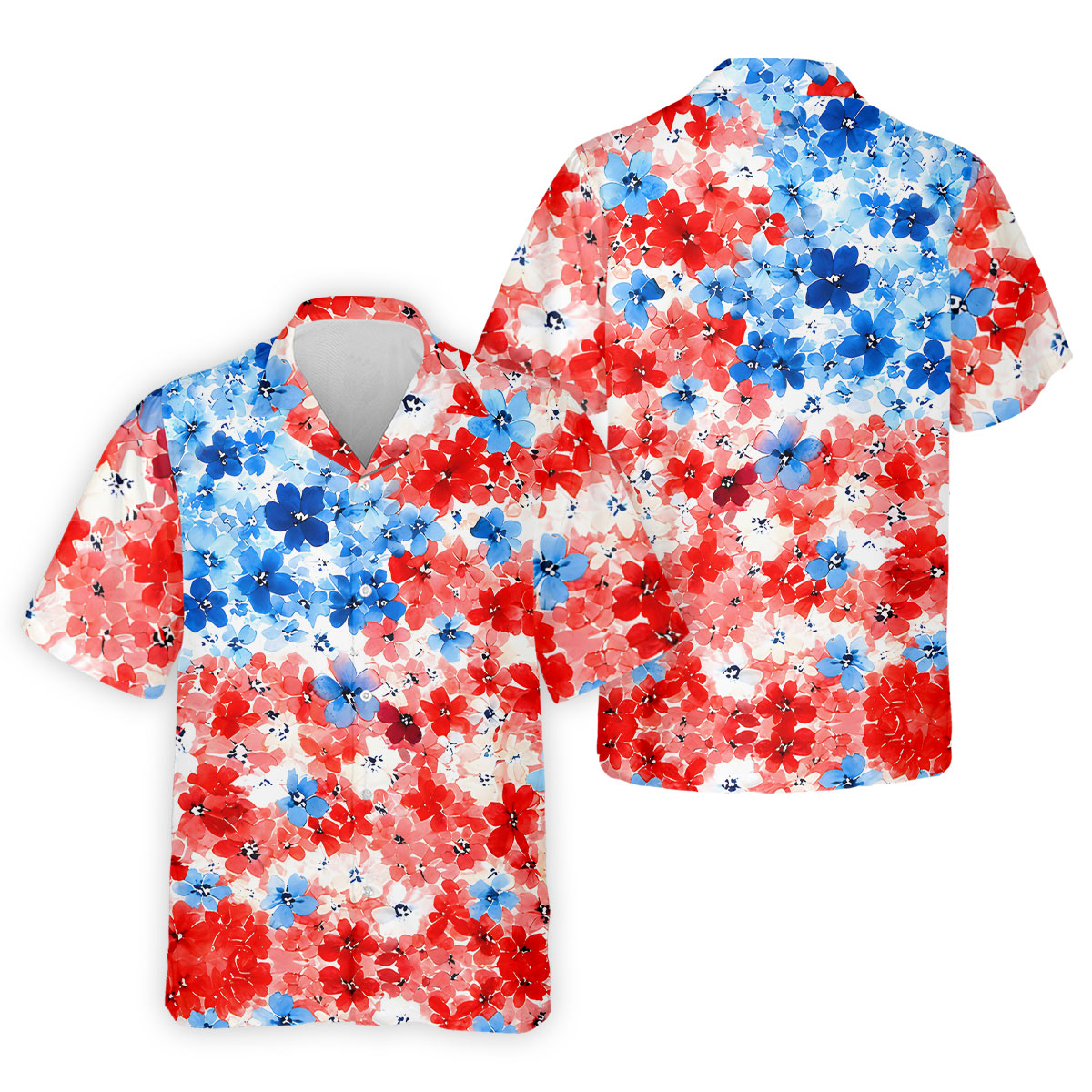 Patriotic Floral Golf Shirt, Red White Blue Blossom Pattern, Golf Shirt For Men