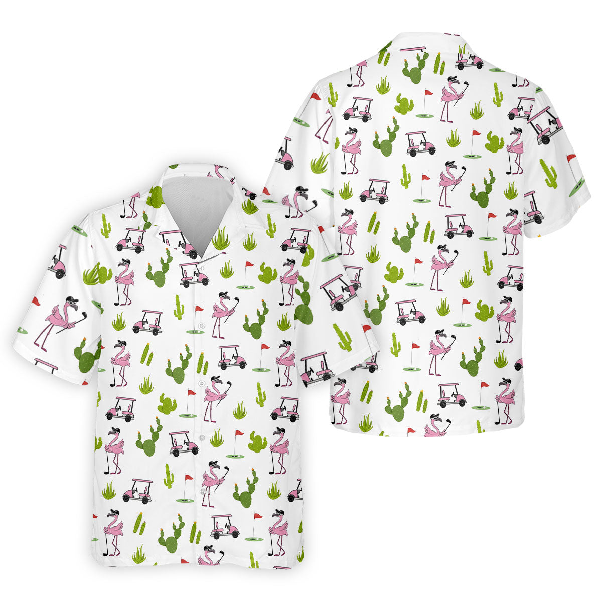 Pink Flamingo Golf Cart Cactus Hawaiian Golf Shirt, Mens Golf Polo, Golf Apparel For Men