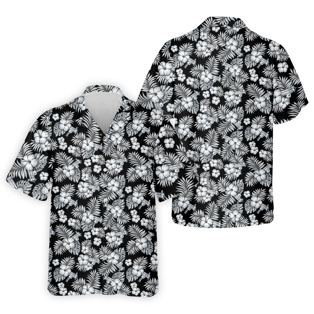 Black And White Pattern Tropical Hawaiian Golf Shirt, Summer Theme Golf Shirts For Men