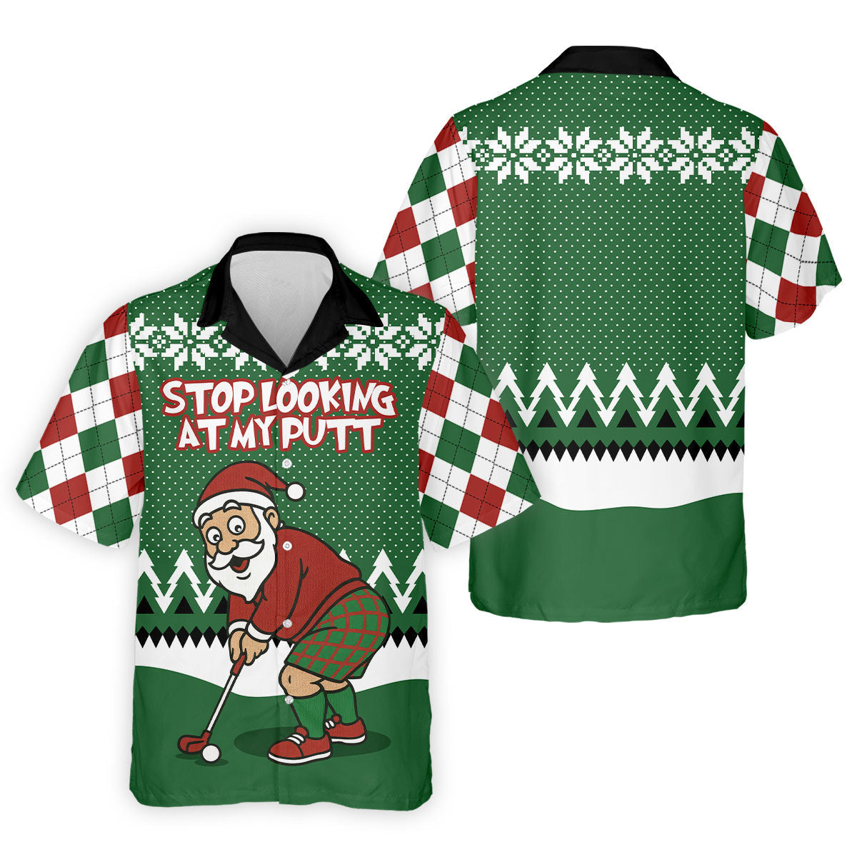 Stop Looking At My Putt Funny Santa Claus Argyle Golf Shirt, Christmas Golf Shirt, Polo Shirts For Men