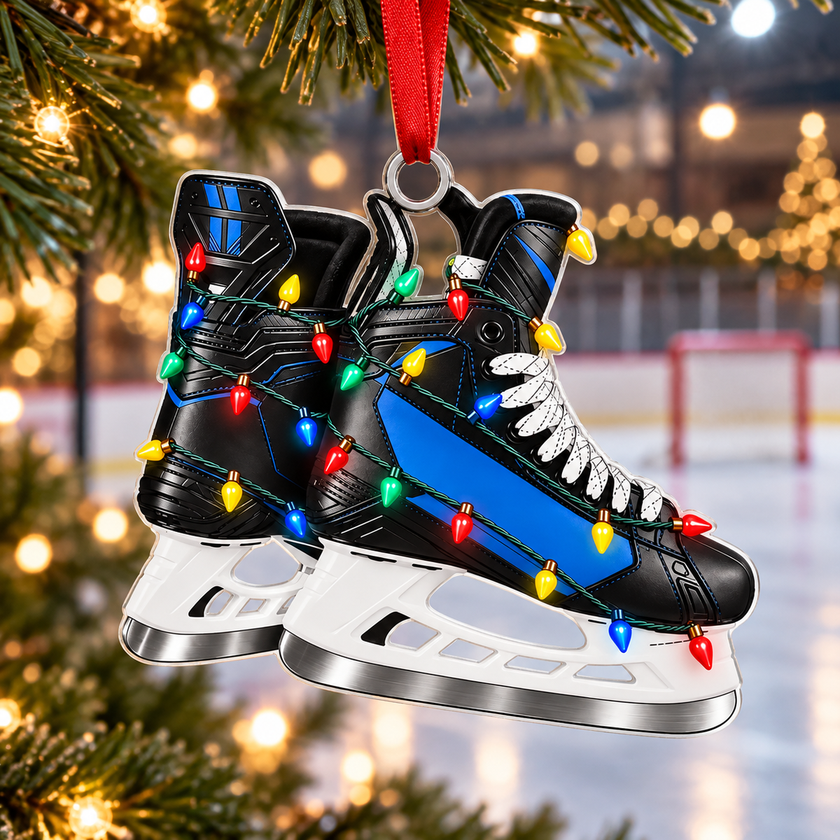 Custom Name Blue Hockey Skates Acrylic Ornament, Christmas Gifts, Hockey Player Gifts