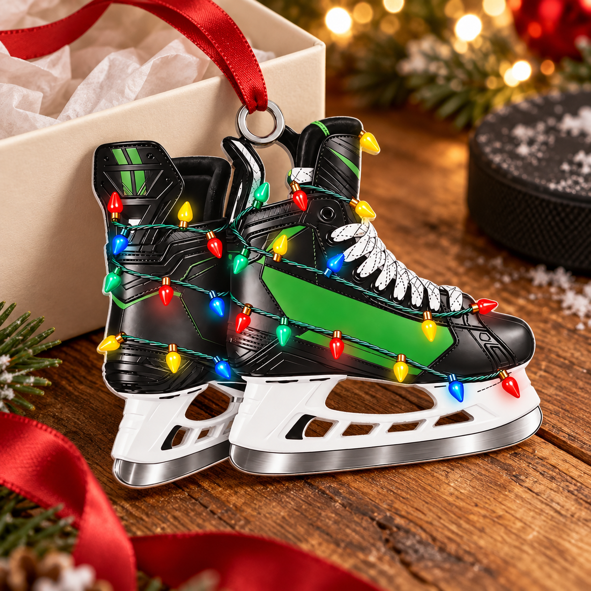 Custom Name Green Hockey Skates Acrylic Ornament, Christmas Ornaments, Hockey Gifts