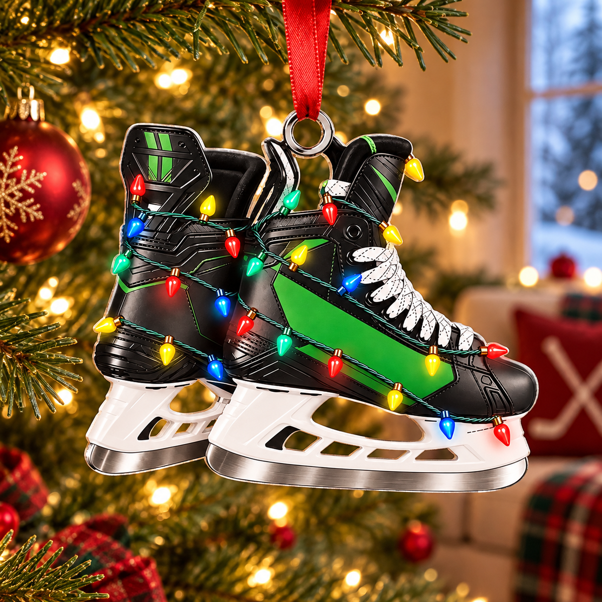 Custom Name Green Hockey Skates Acrylic Ornament, Christmas Ornaments, Hockey Gifts