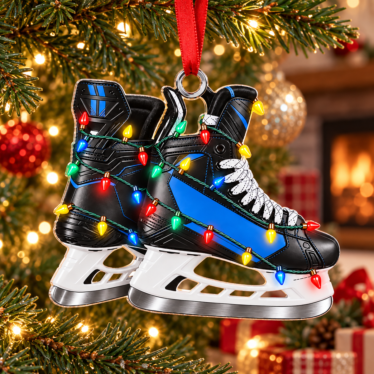 Custom Name Blue Hockey Skates Acrylic Ornament, Christmas Gifts, Hockey Player Gifts