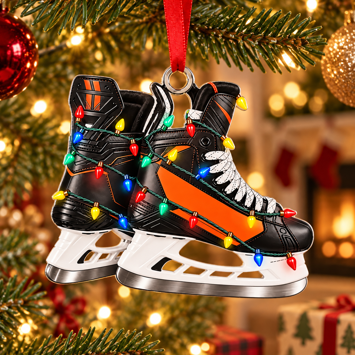 Custom Name Orange Hockey Skates Acrylic Ornament, Christmas Ornaments, Hockey Gifts