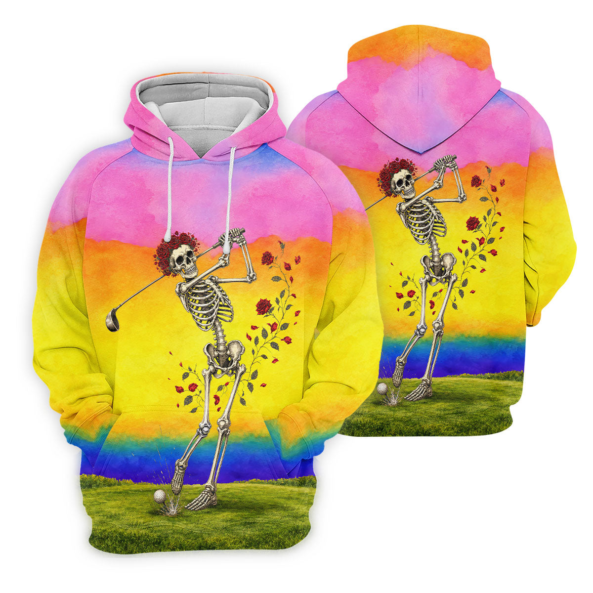 Rainbow Skeleton Golfer Golf Polo Shirt, Mens Golf Shirts, Hawaiian Golf Shirt