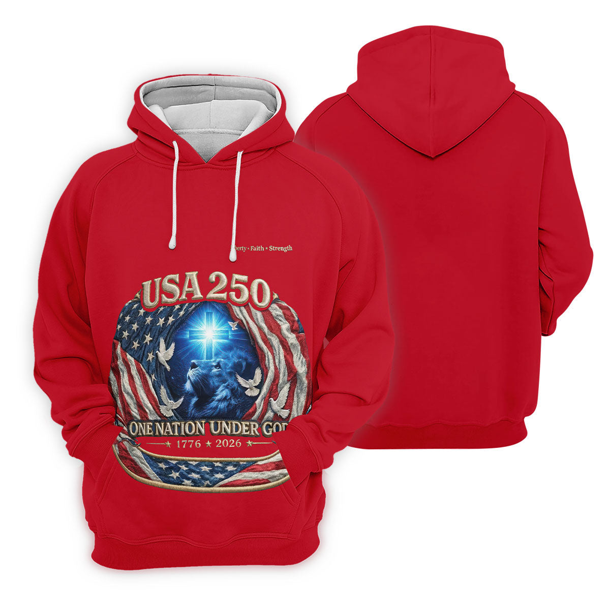 One Nation Under God Faith Cross USA 250 Red Golf Shirt, 4th Of July Golf Shirts For Men