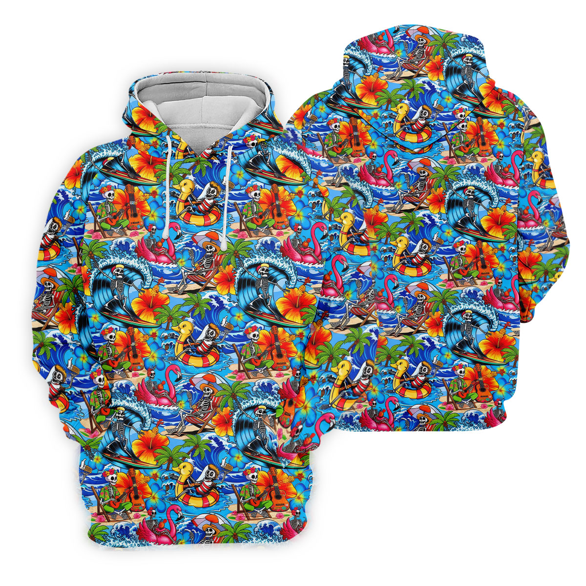 Blue Tropical Skeleton Surfer Pattern Golf Polo Shirt, Golf Shirts For Women, Women's Golf Polo