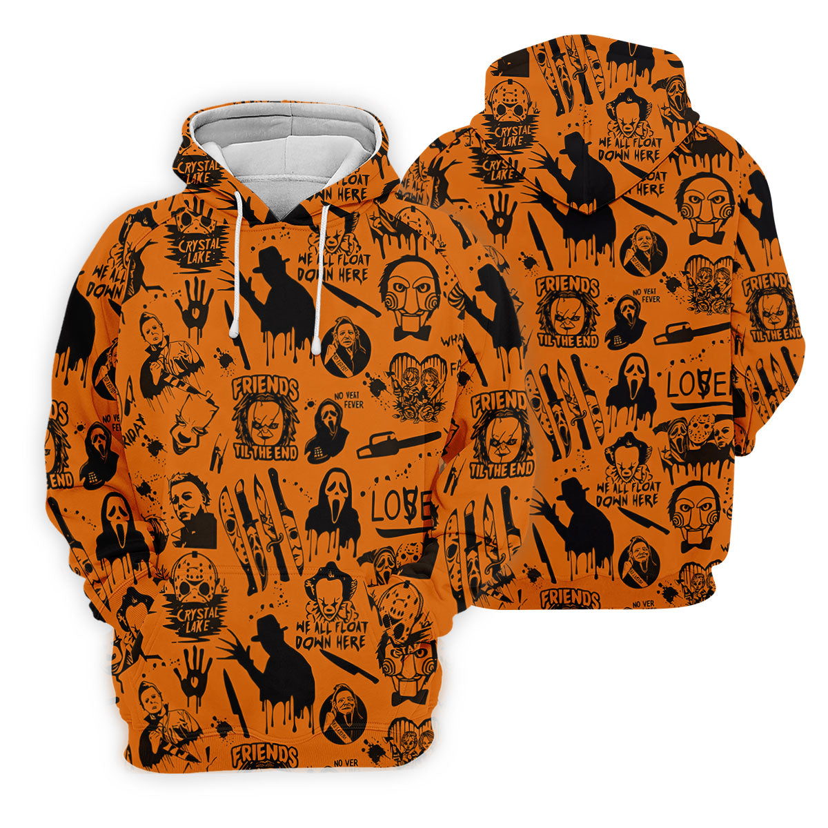 Orange Horror Character Icons Pattern Golf Polo Shirt for Halloween, Mens Golf Polo, Printed Golf Shirts