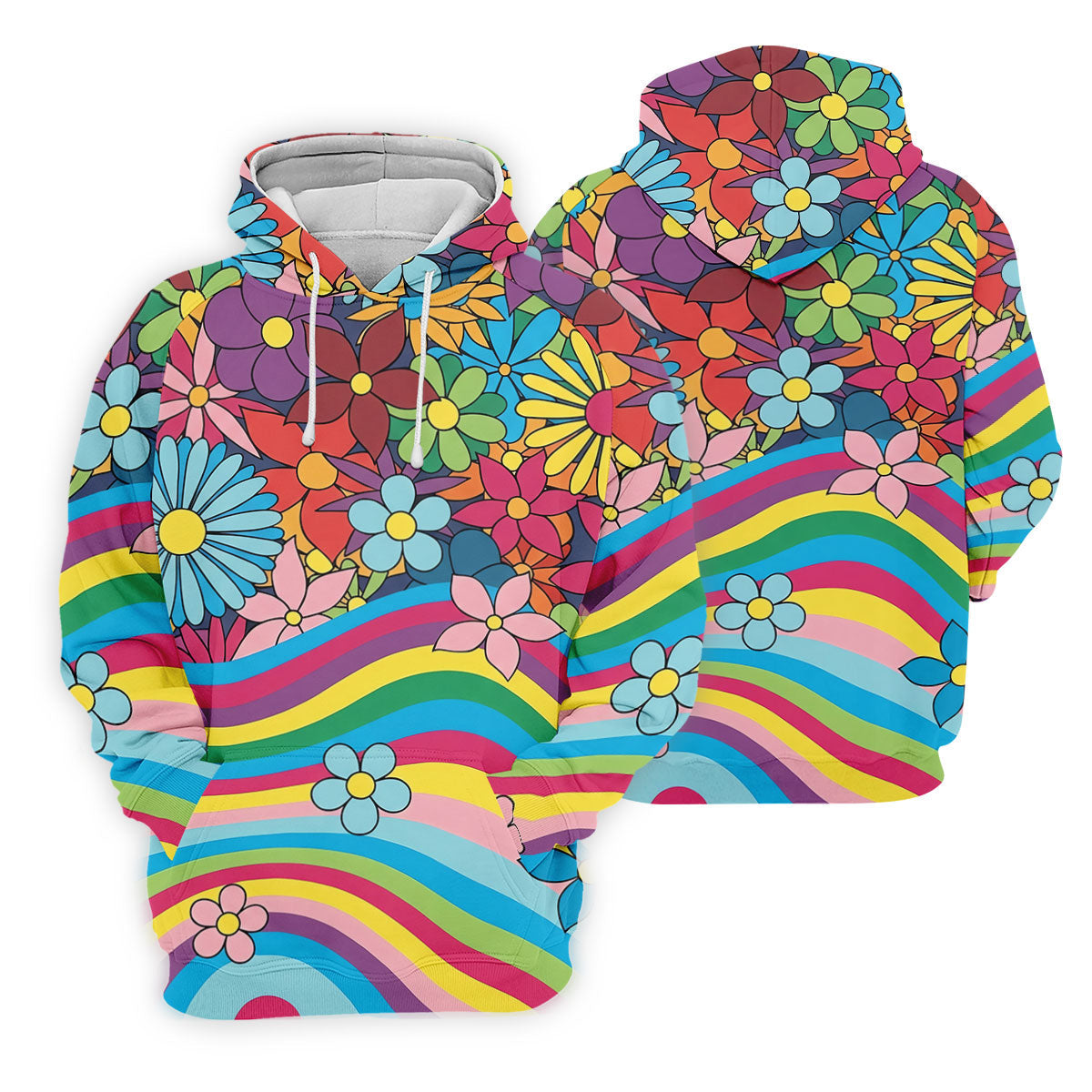 Retro Rainbow Floral Hippie Hawaiian Golf Shirt, Golf Polo Shirts For Men, Mens Golf Apparel