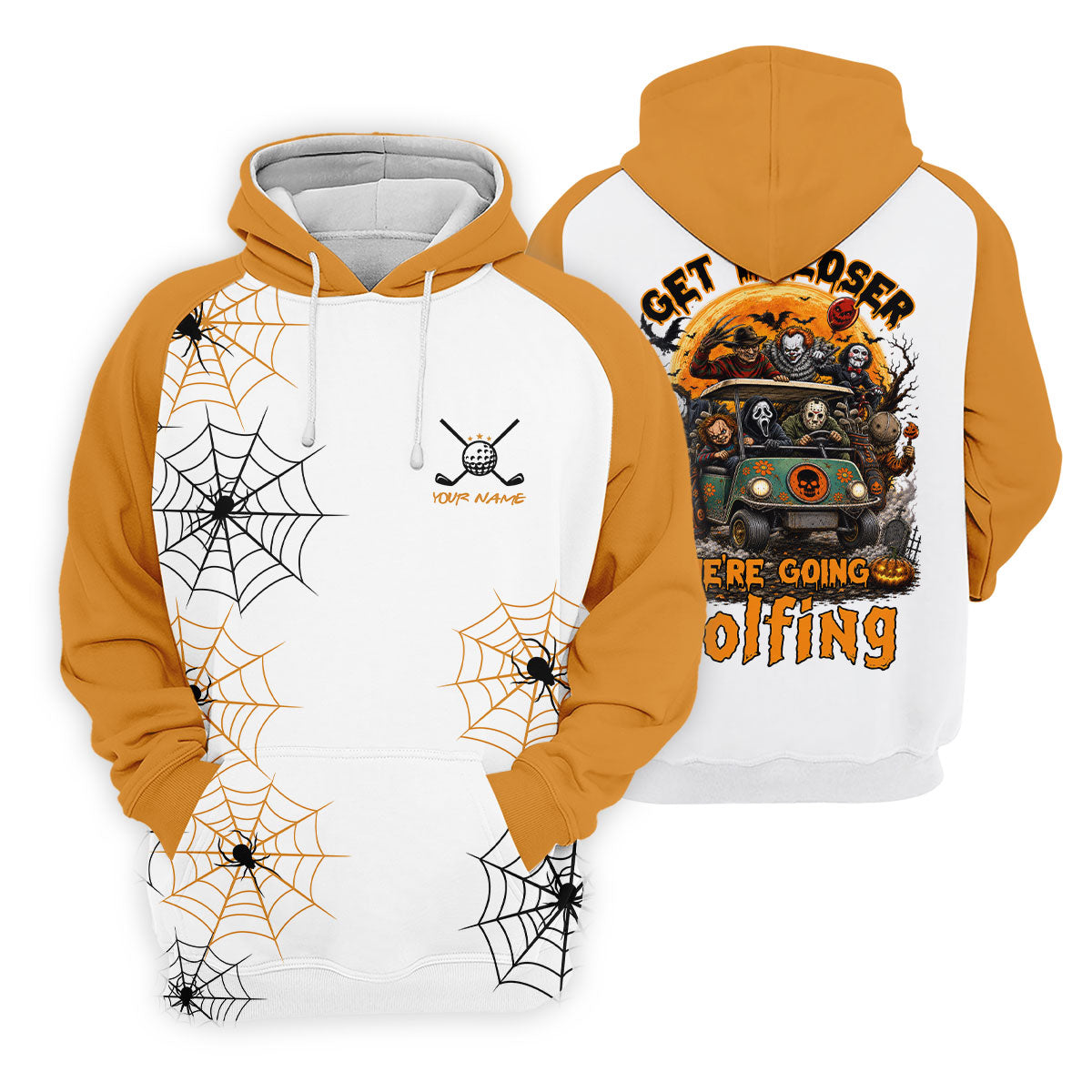 Custom Get In Loser We're Going Golfing Halloween Horror Character Golf Shirt, Golf Shirts For Men