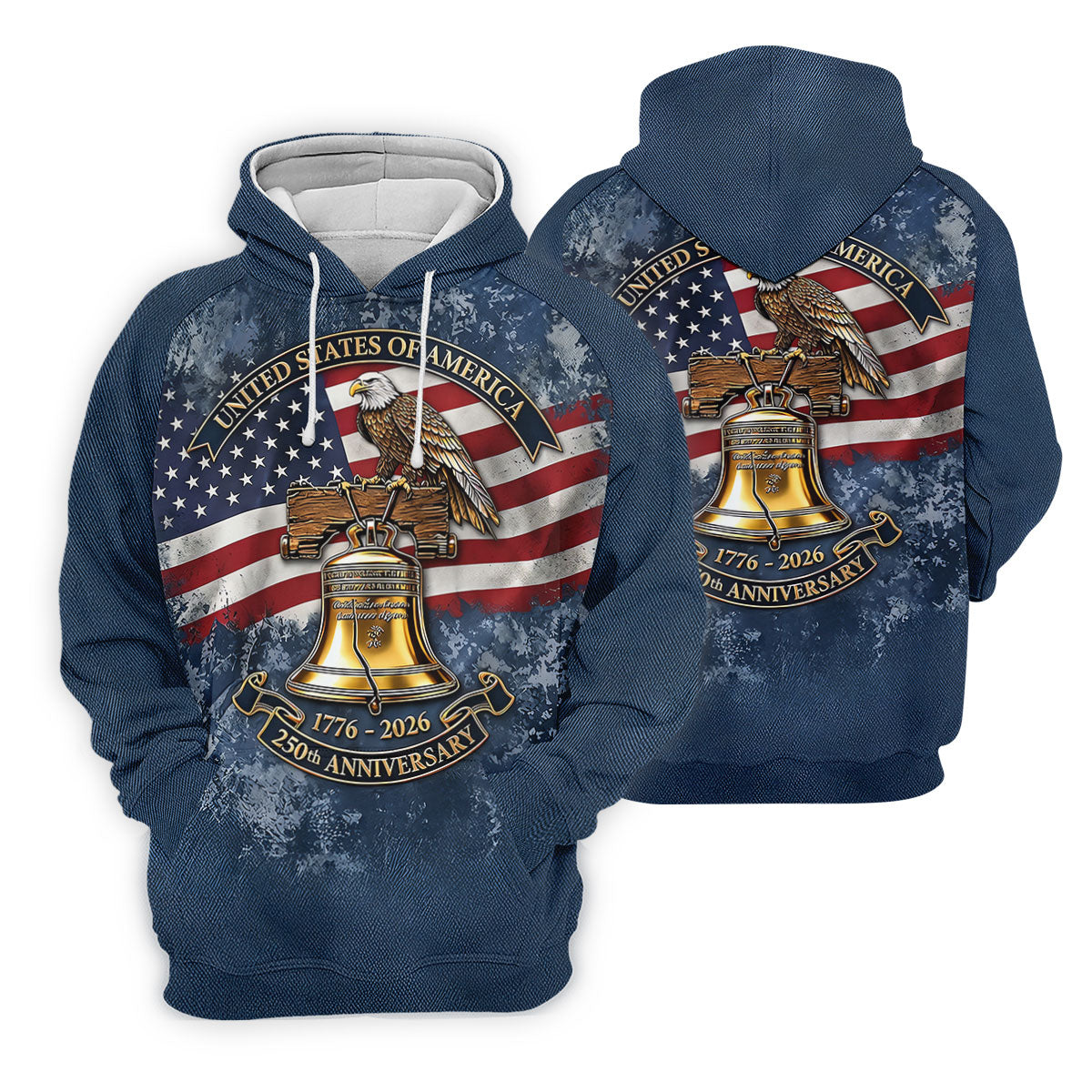 Patriotic Bald Eagle Liberty Bell Distressed Golf Shirt, 250 Years 4th Of July Golf Shirts For Men
