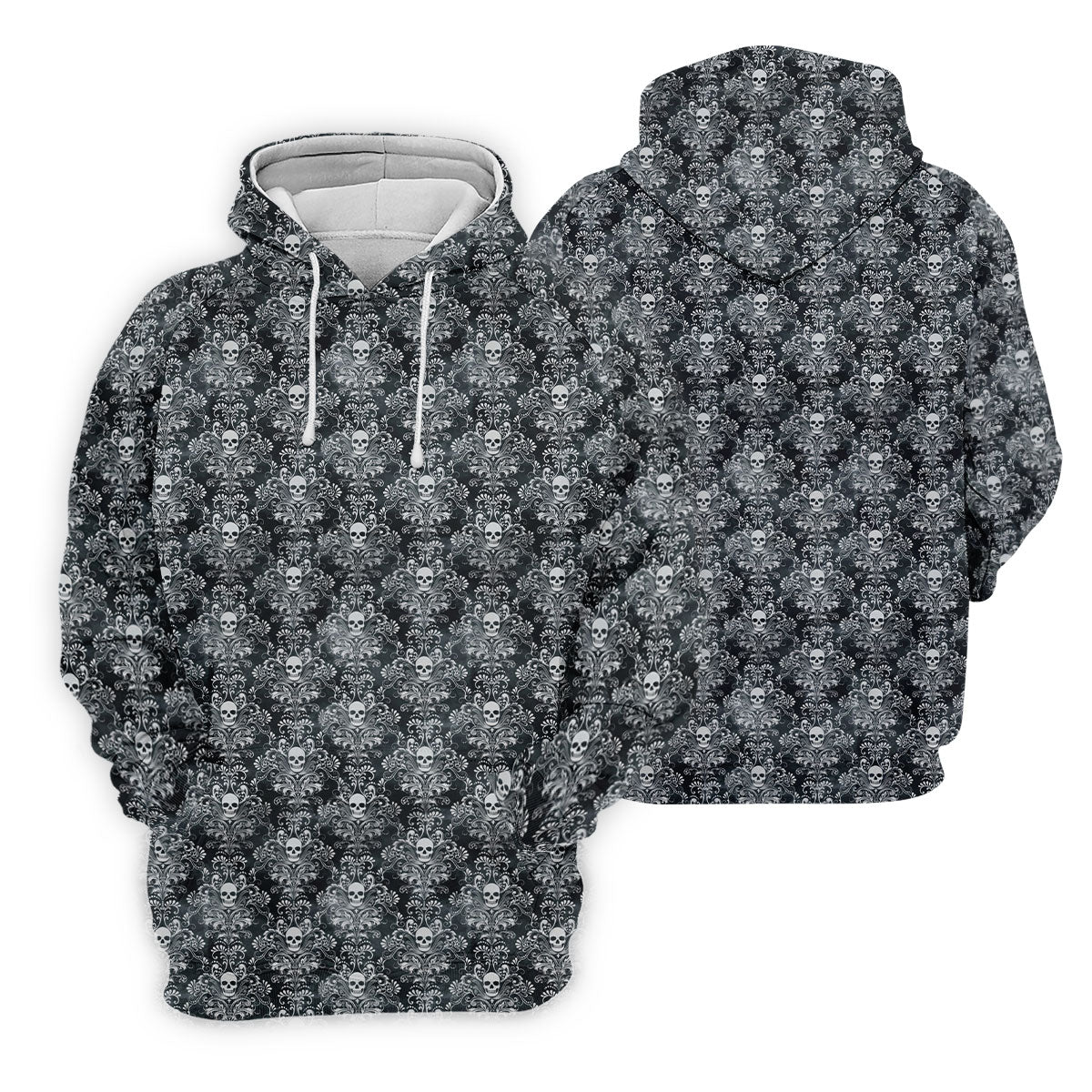Skull Damask Charcoal Grey Gothic Floral Golf Tops For Men, Polo Shirts For Men, Golf Shirts For Men