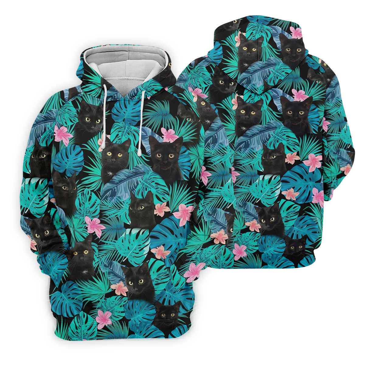 Black Cat Tropical Monstera Hawaiian Golf Polo Shirt, Hawaiian Golf Shirt, Golf Shirts For Men