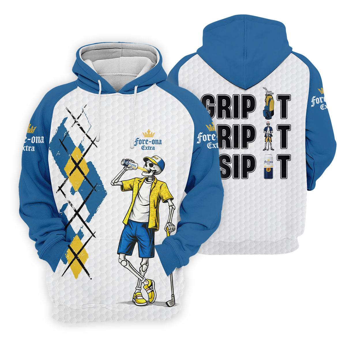 Blue Yellow Skeleton Golfer Beer Polo Shirt, Women’s Golf Apparel, Golf Shirts For Women