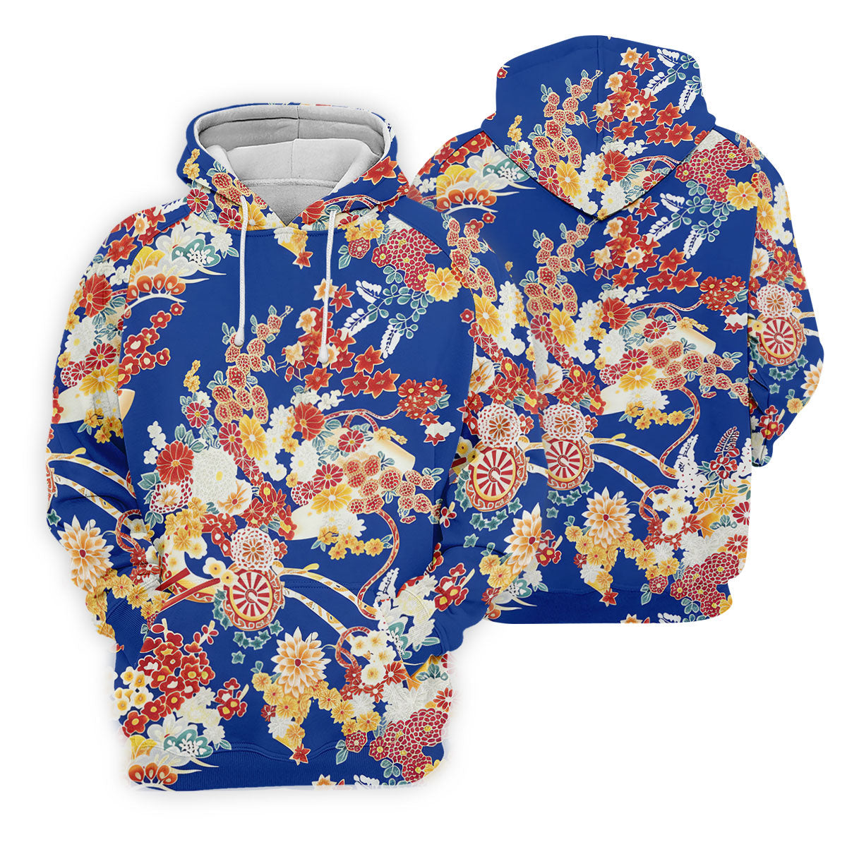 Royal Blue Japanese Floral Pattern Golf Shirt, Mens Golf Apparel, Printed Golf Shirts