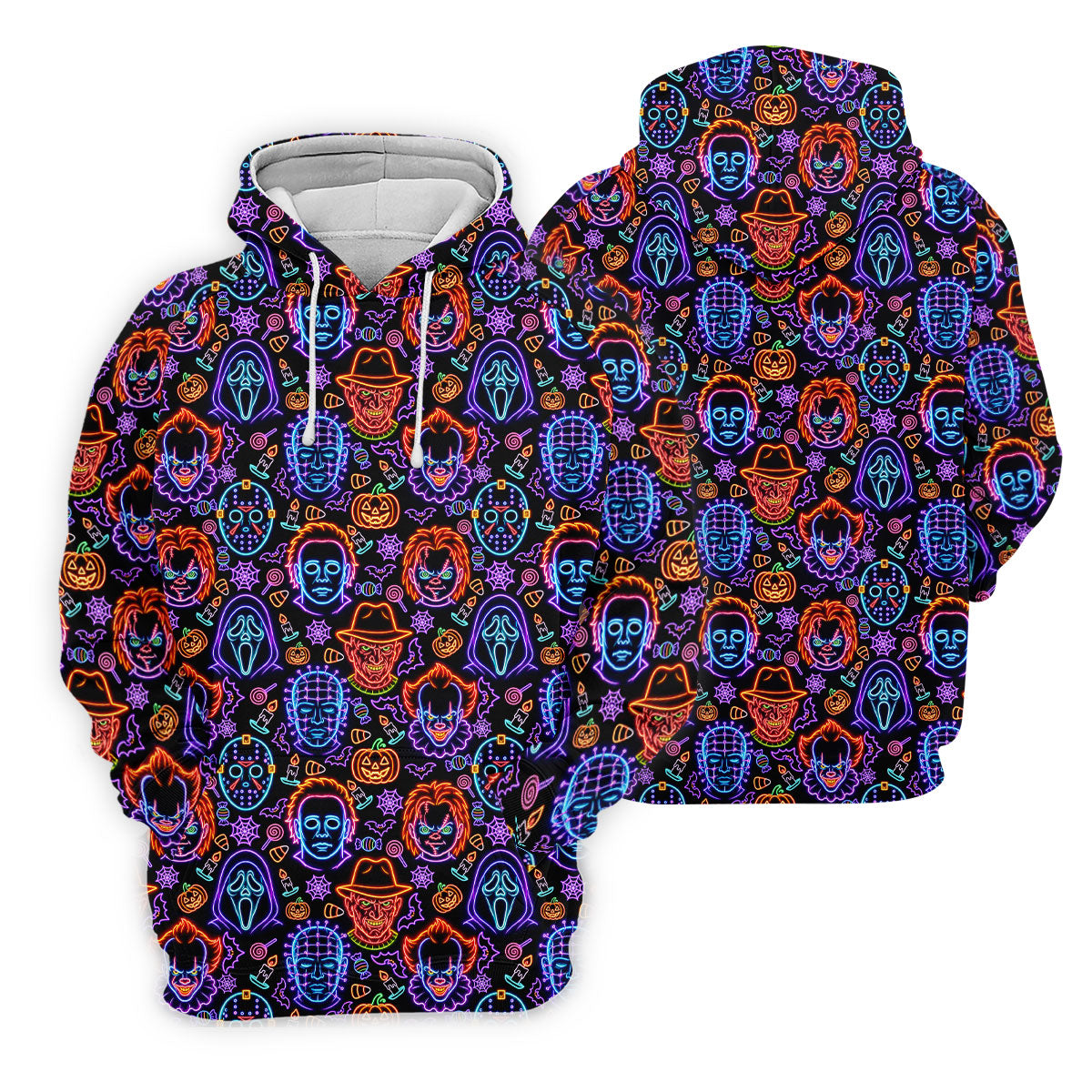 Neon Horror Character Movie Villain Pattern Golf Polo Shirt, Men's Golf Polo, Hawaiian Golf Shirt