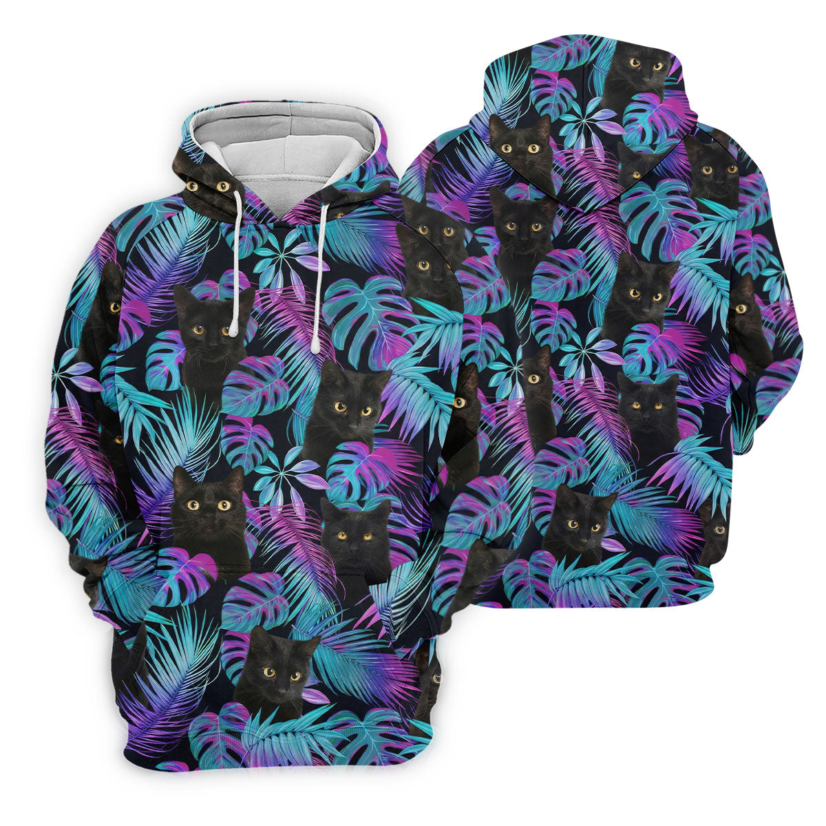 Funny Black Cat Purple Blue Gradient Hawaiian Golf Shirt, Golf Shirts For Men