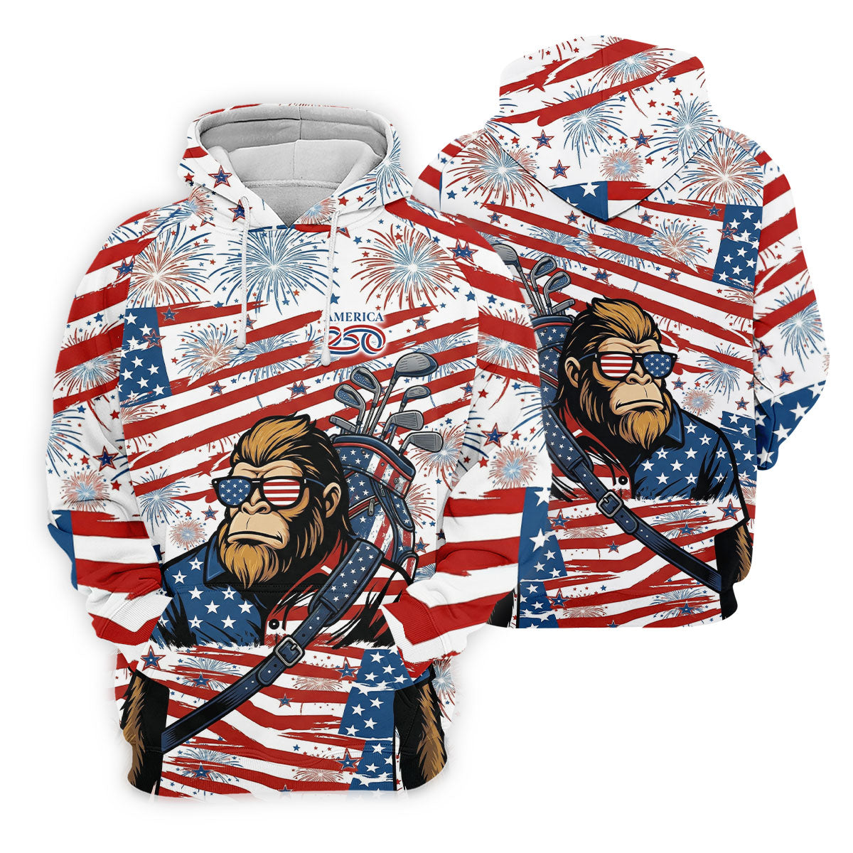 Red White Blue Stars And Stripes 250 Years Bigfoot Golf Shirt, Patriotic 4th Of July Golf Shirt For Women