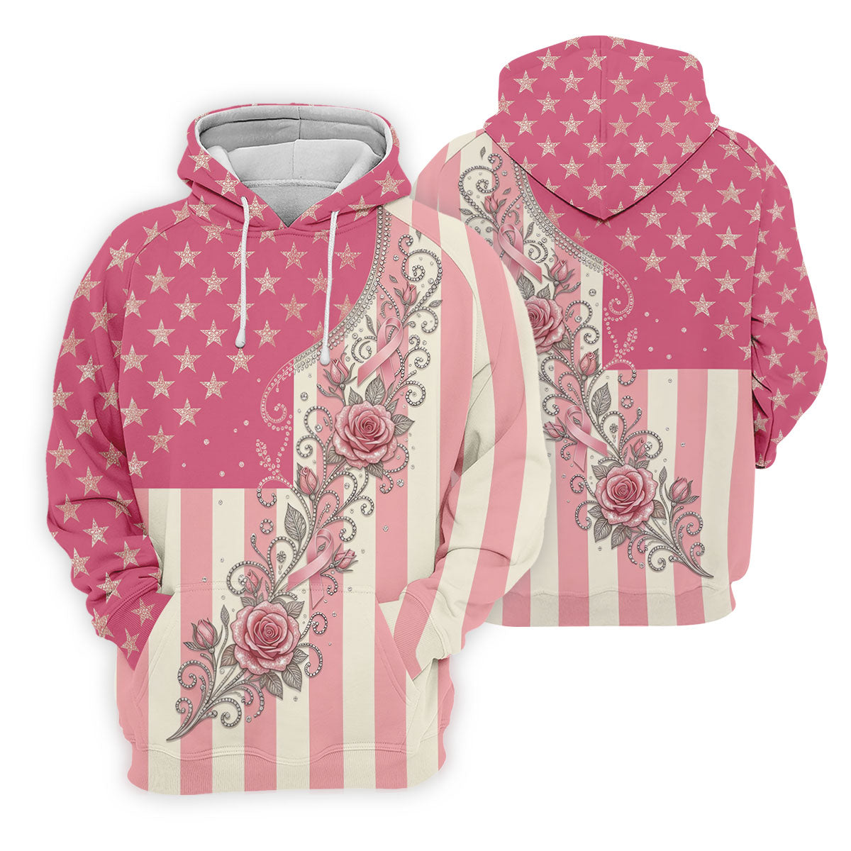 Pink Stars Stripes Rose Breast Cancer Polo Shirt, Women’s Golf Polo, Ladies Golf Shirts