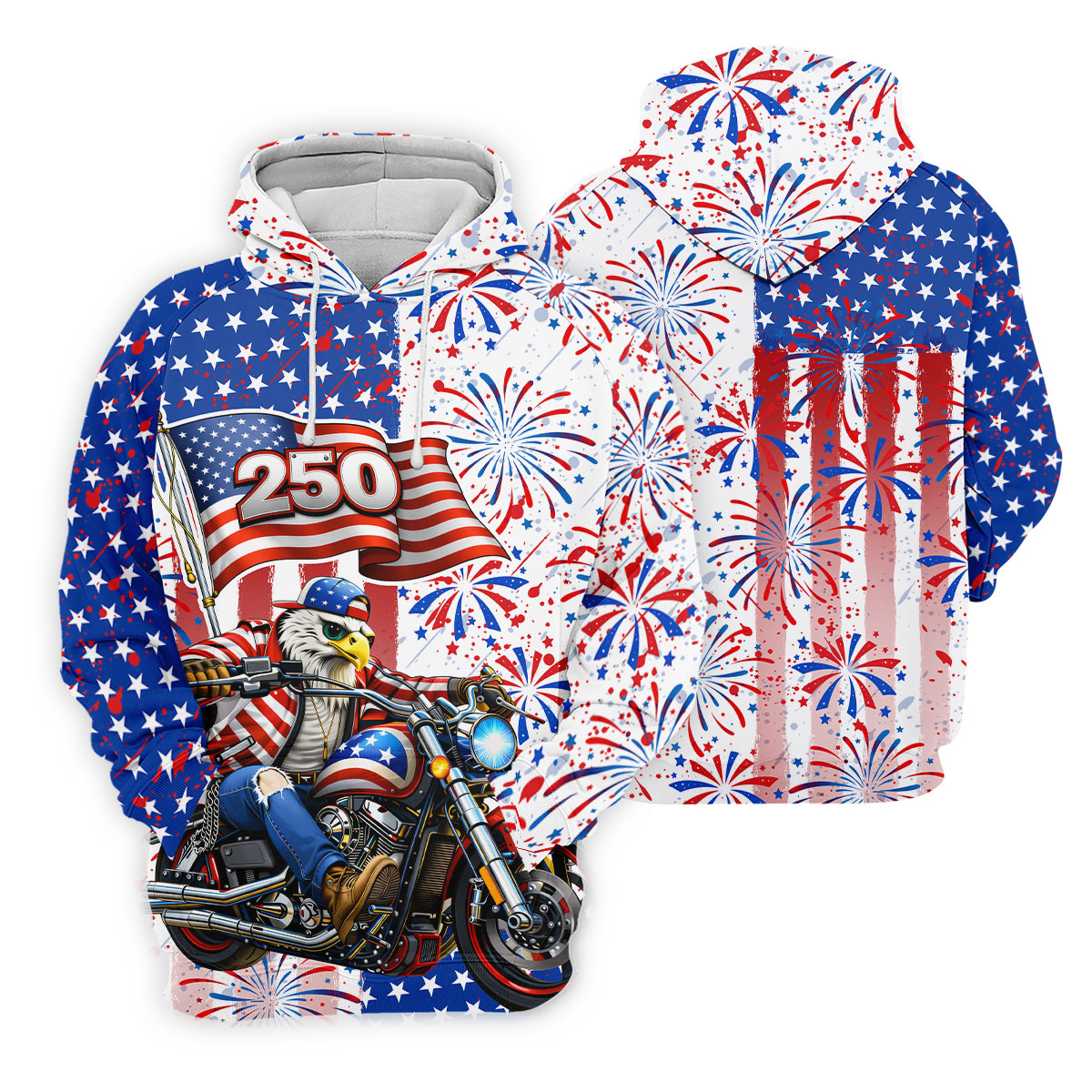 250 Years Eagle Motorcycle American Flag Golf Shirt, Patriotic 4th Of July Golf Shirts For Men