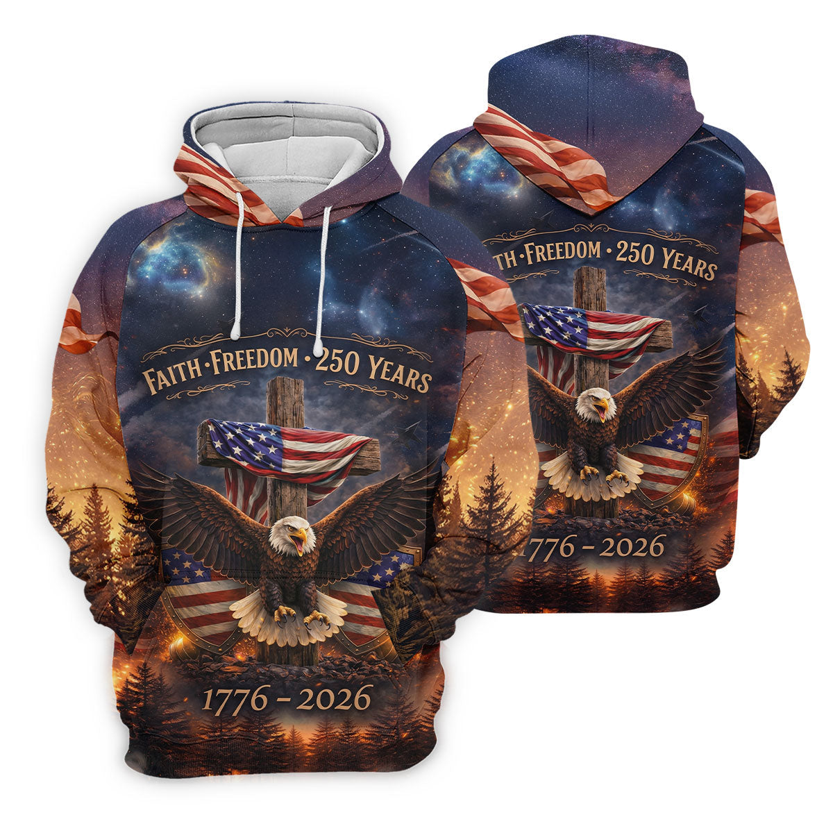 Faith Freedom 250 Years Galaxy Pattern US Flag Golf Shirt, Patriotic 4th Of July Golf Shirts For Men