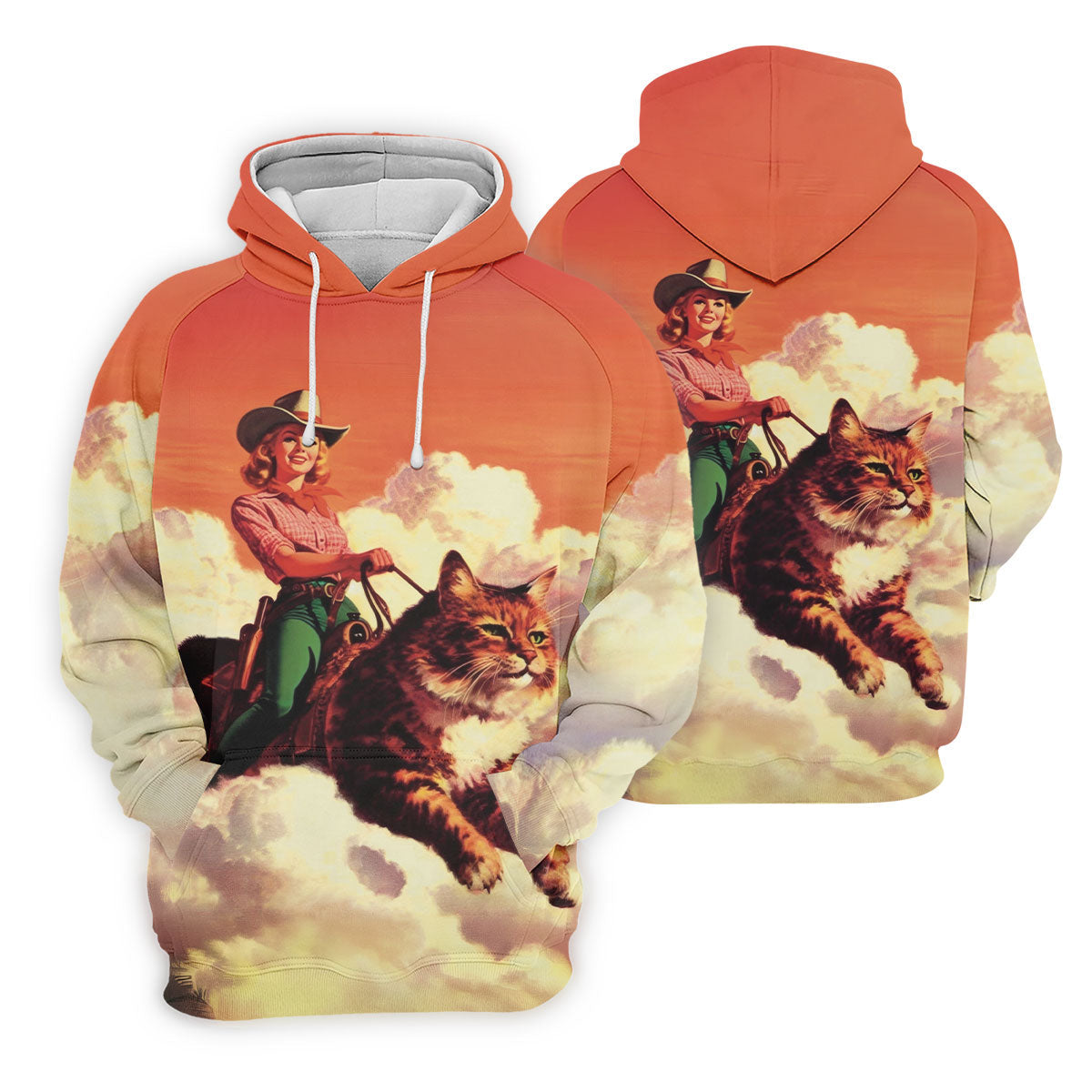Orange Vintage Cowgirl Riding Giant Cat Golf Polo Shirt, Women's Golf Polo, Golf Shirts For Women