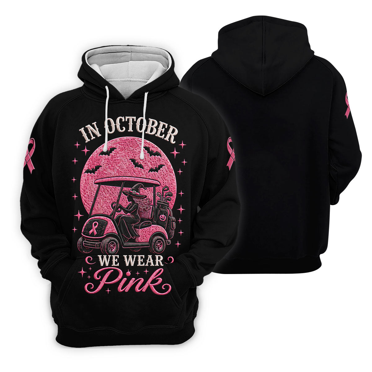In October We Wear Pink Witch Breast Cancer Polo Shirt, Mens Golf Apparel, Printed Golf Shirts