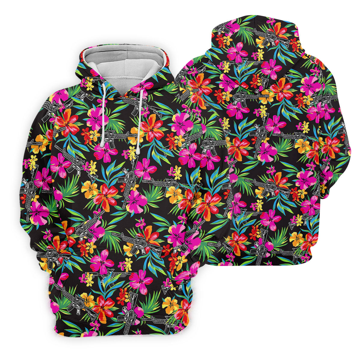 Black Tropical Floral Rifle Pattern Golf Polo Shirt, Men's Golf Shirt, Golf Polo Shirts For Men