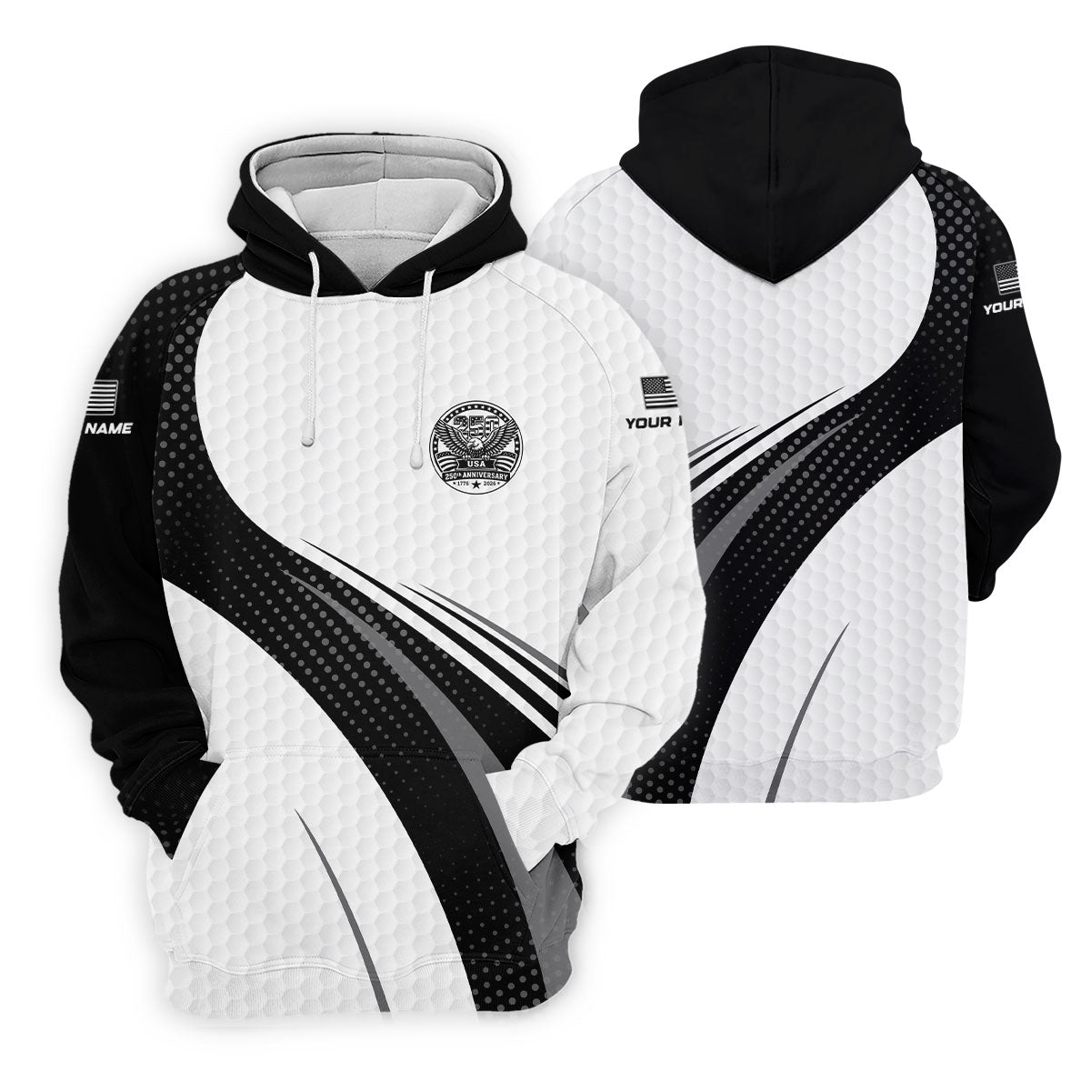 USA 250th Anniversary Black And White Golf Ball Pattern Golf Tops For Men, Patriotic Golf Shirts For Men