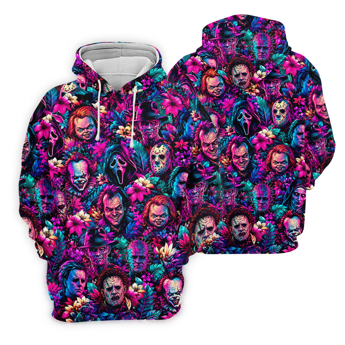 Neon Floral Horror Character Halloween Golf Shirt, Golf Shirts For Women, Women's Golf Apparel