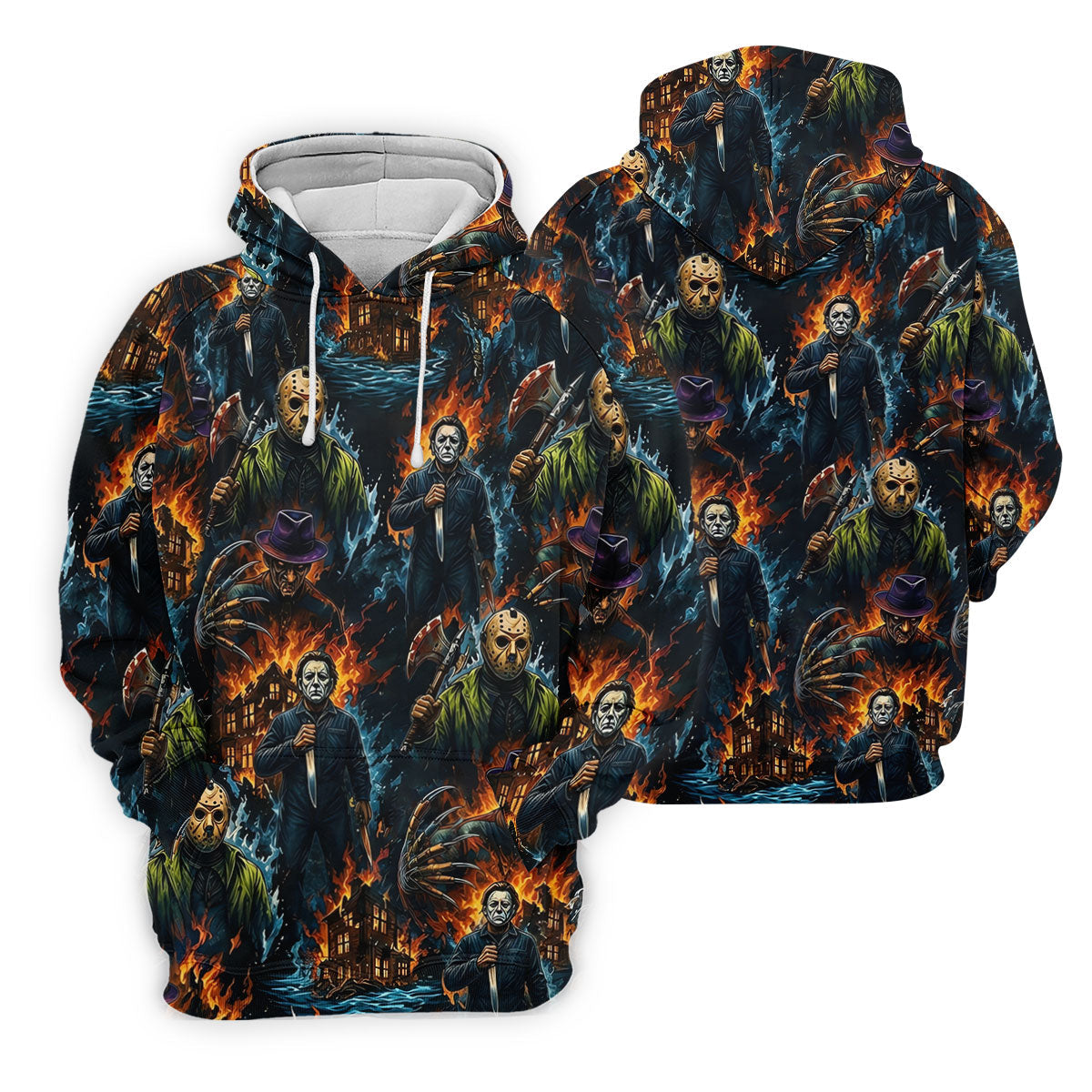Horror Character Fire Collage Halloween Polo Shirt, Women’s Golf Polo, Golf Tops For Women