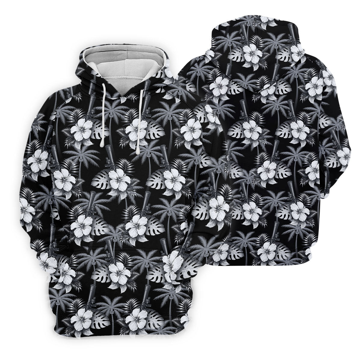White Hibicus Black Hawaiian Golf Shirt, Tropical Summer Theme Golf Shirts For Men