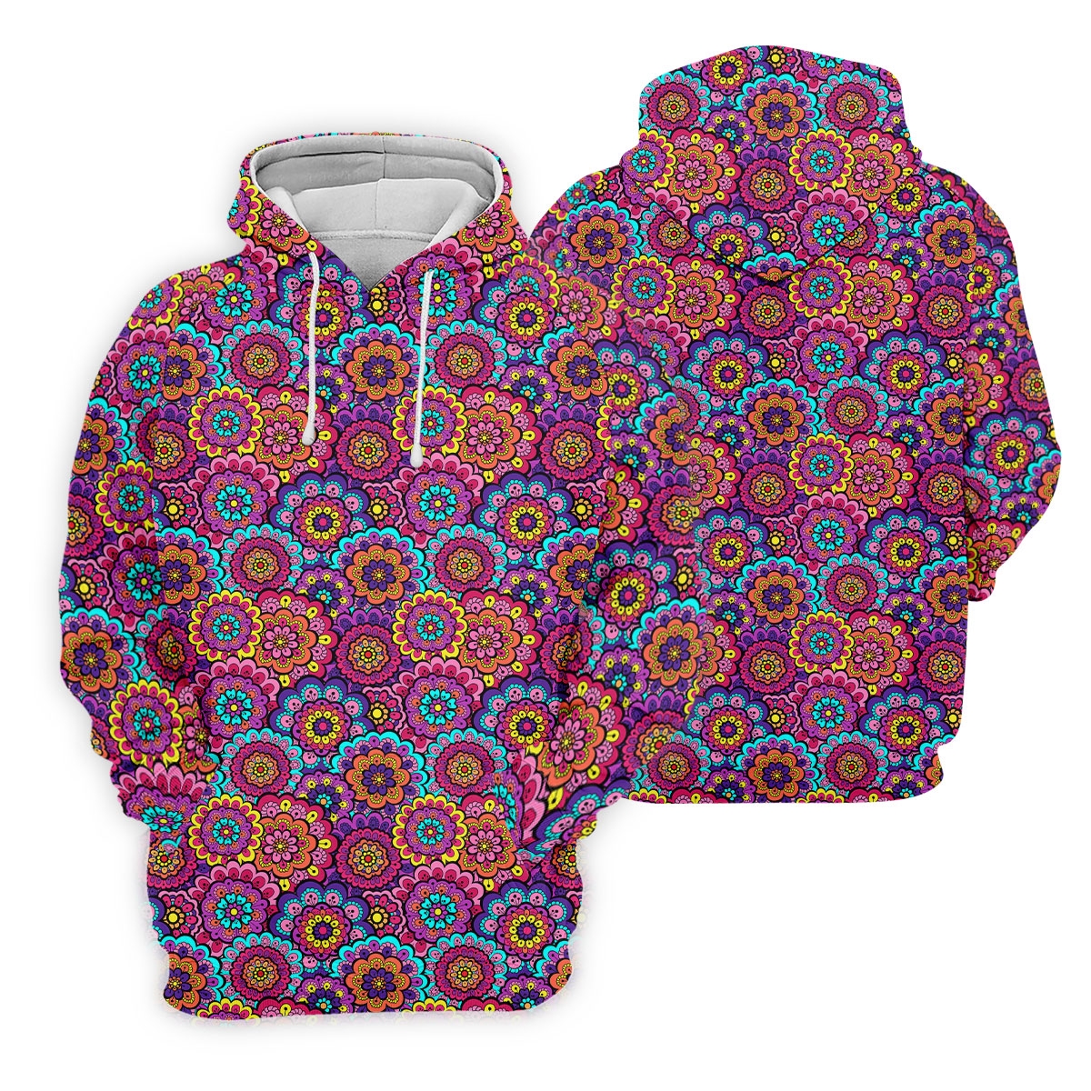 Colorful Mandala Floral Pattern Zip Hoodie, Women's Graphic Hoodie, Hoodies For Women